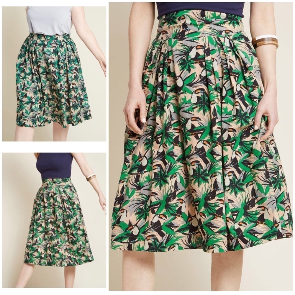 NWT Emily and Finn Toucans Tropical Birds Fauna Far Out and Fabulous Midi Skirt 